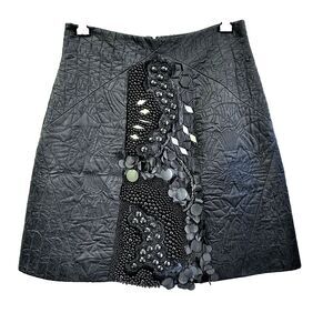 PINKO Women's Black A-line 100% Silk Black Skirt SZ 6 Embellished Front Lined